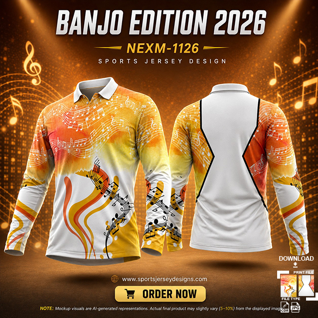 NEXM-1126 ORANGE AND WHITE PATTERN MUSICAL BANJO GROUP SUBLIMATION JERSEY DESIGN IN ORANGE AND BLACK COLOR